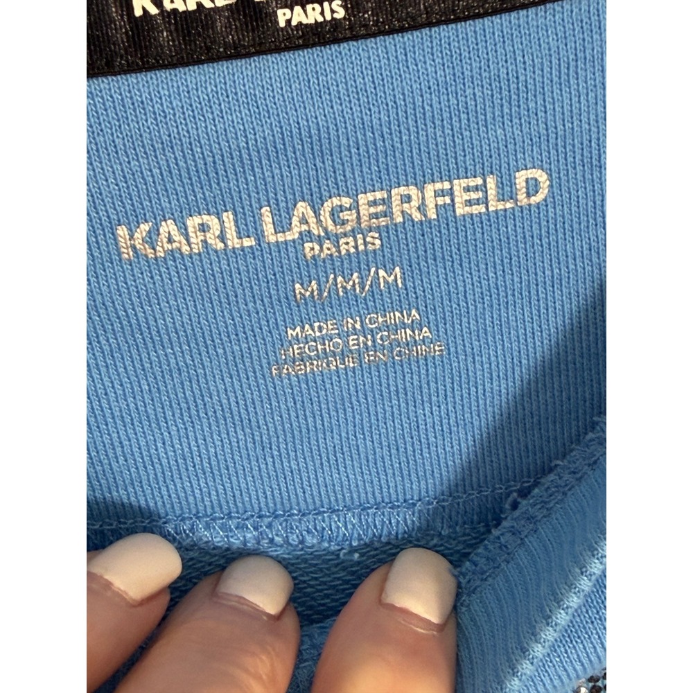 Karl Lagerfeld Paris Blue Studded Logo Puff Sleeve Sweatshirt Size M Womens - Picture 2 of 6